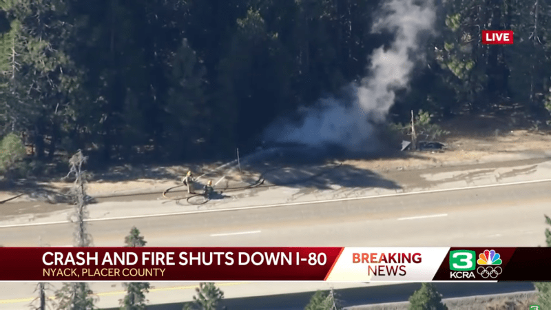 Screenshot of newscast showing Tesla Semi battery fire in California from helicopter.